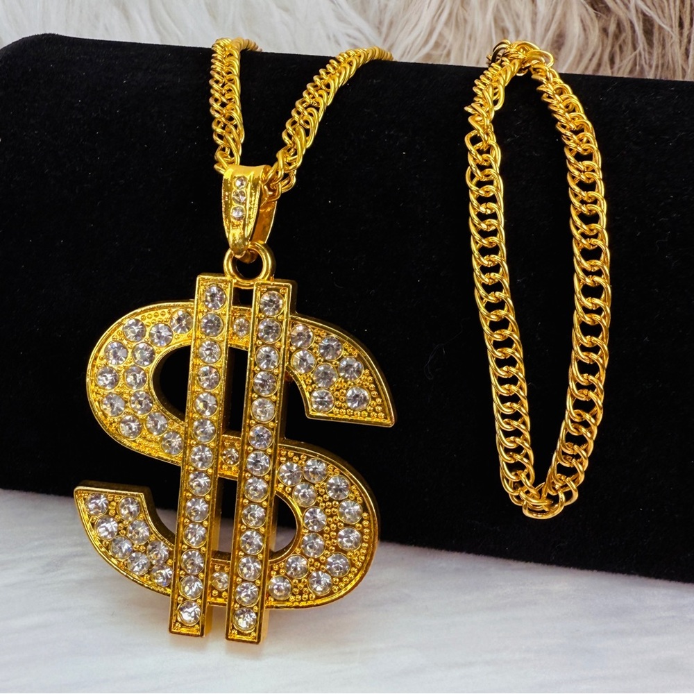 Goldtone Dollar Sign Bling Large Pendant Necklace + Coed Necklace - Picture 3 of 8